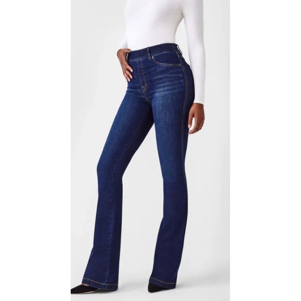 Spanx Flare Jeans Women Size Large Blue Pull On High Rise Denim Slimming Flare